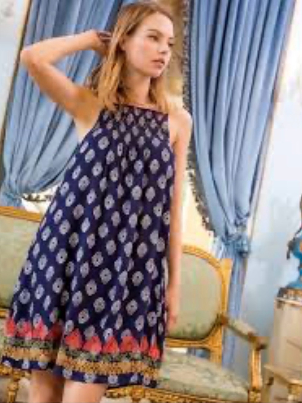 THML Navy Halter Dress with Pink and Gold Border